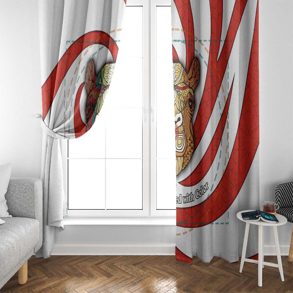 Bahrain Tribal Camel Window Curtain with Red Mosaic Swirl and Heritage Slogan