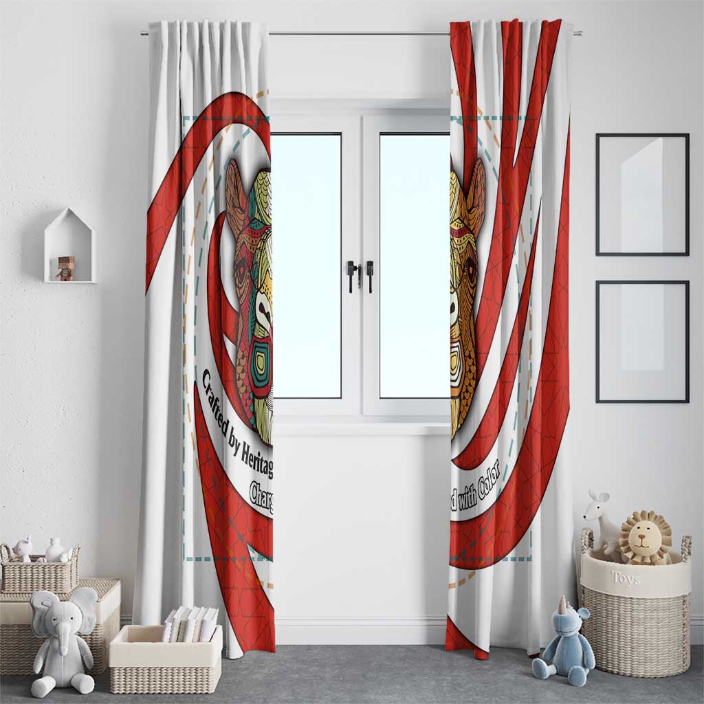 Bahrain Tribal Camel Window Curtain with Red Mosaic Swirl and Heritage Slogan