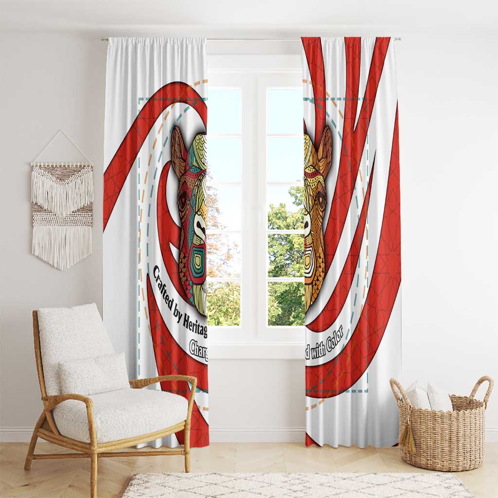 Bahrain Tribal Camel Window Curtain with Red Mosaic Swirl and Heritage Slogan