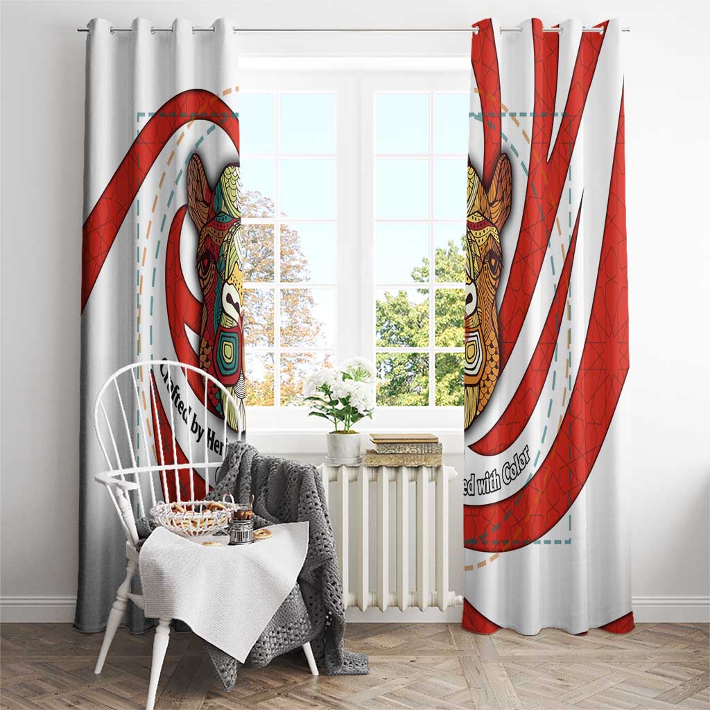 Bahrain Tribal Camel Window Curtain with Red Mosaic Swirl and Heritage Slogan