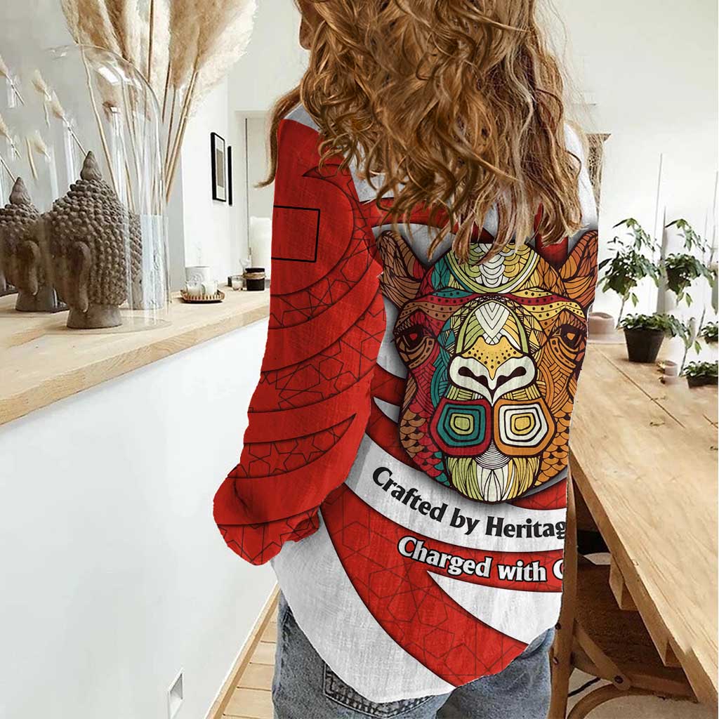 Bahrain Tribal Camel Women Casual Shirt with Red Mosaic Swirl and Heritage Slogan