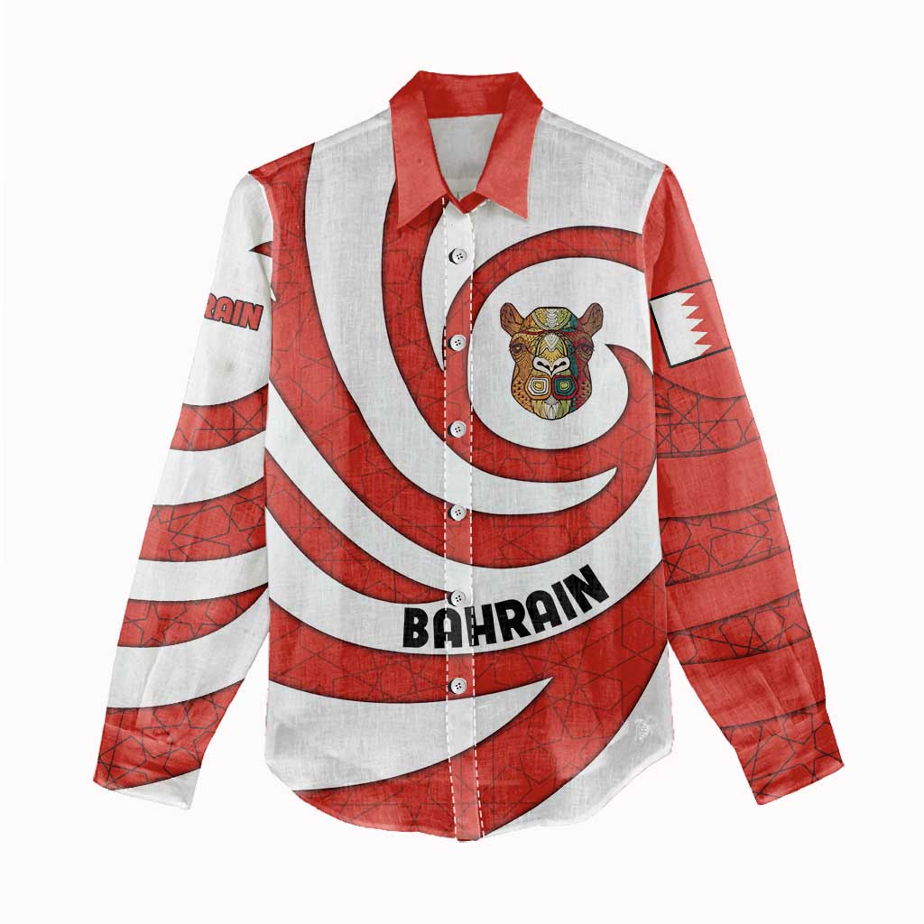 Bahrain Tribal Camel Women Casual Shirt with Red Mosaic Swirl and Heritage Slogan