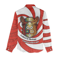 Bahrain Tribal Camel Women Casual Shirt with Red Mosaic Swirl and Heritage Slogan