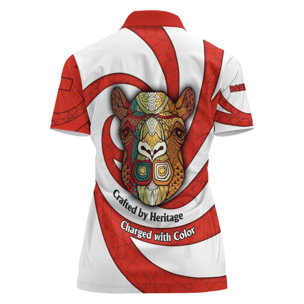 Bahrain Tribal Camel Women Polo Shirt with Red Mosaic Swirl and Heritage Slogan