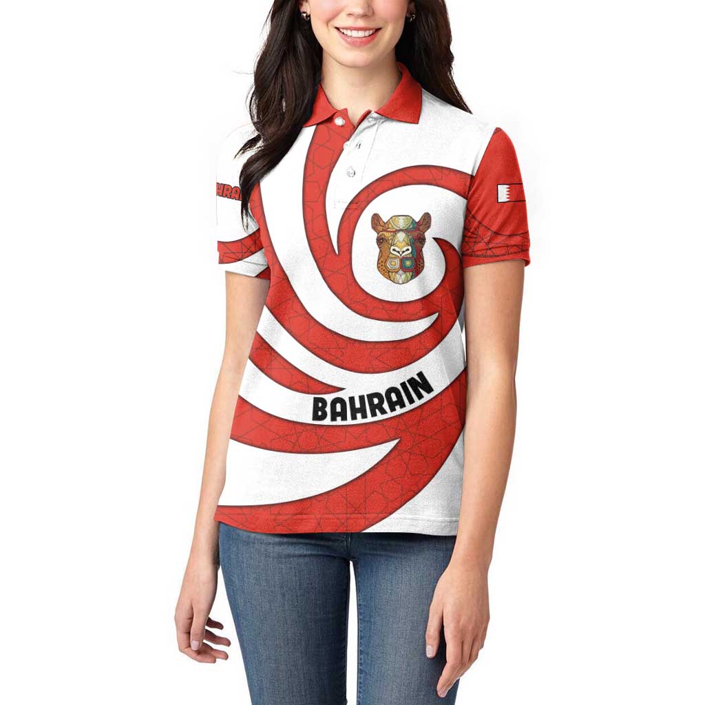 Bahrain Tribal Camel Women Polo Shirt with Red Mosaic Swirl and Heritage Slogan