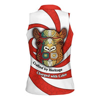 Bahrain Tribal Camel Women Sleeveless Polo Shirt with Red Mosaic Swirl and Heritage Slogan