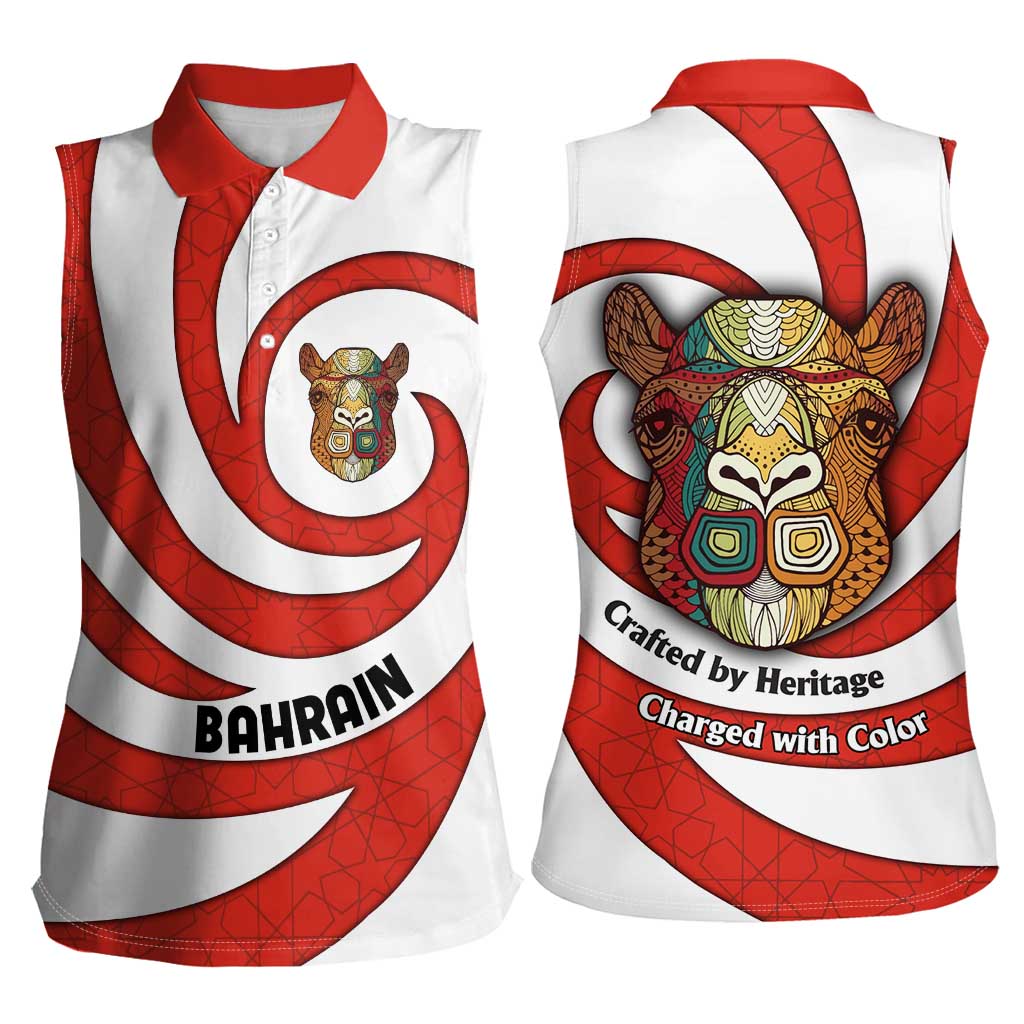 Bahrain Tribal Camel Women Sleeveless Polo Shirt with Red Mosaic Swirl and Heritage Slogan