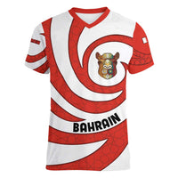 Bahrain Tribal Camel Women V-Neck T-Shirt with Red Mosaic Swirl and Heritage Slogan