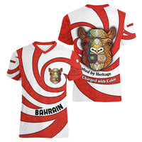 Bahrain Tribal Camel Women V-Neck T-Shirt with Red Mosaic Swirl and Heritage Slogan