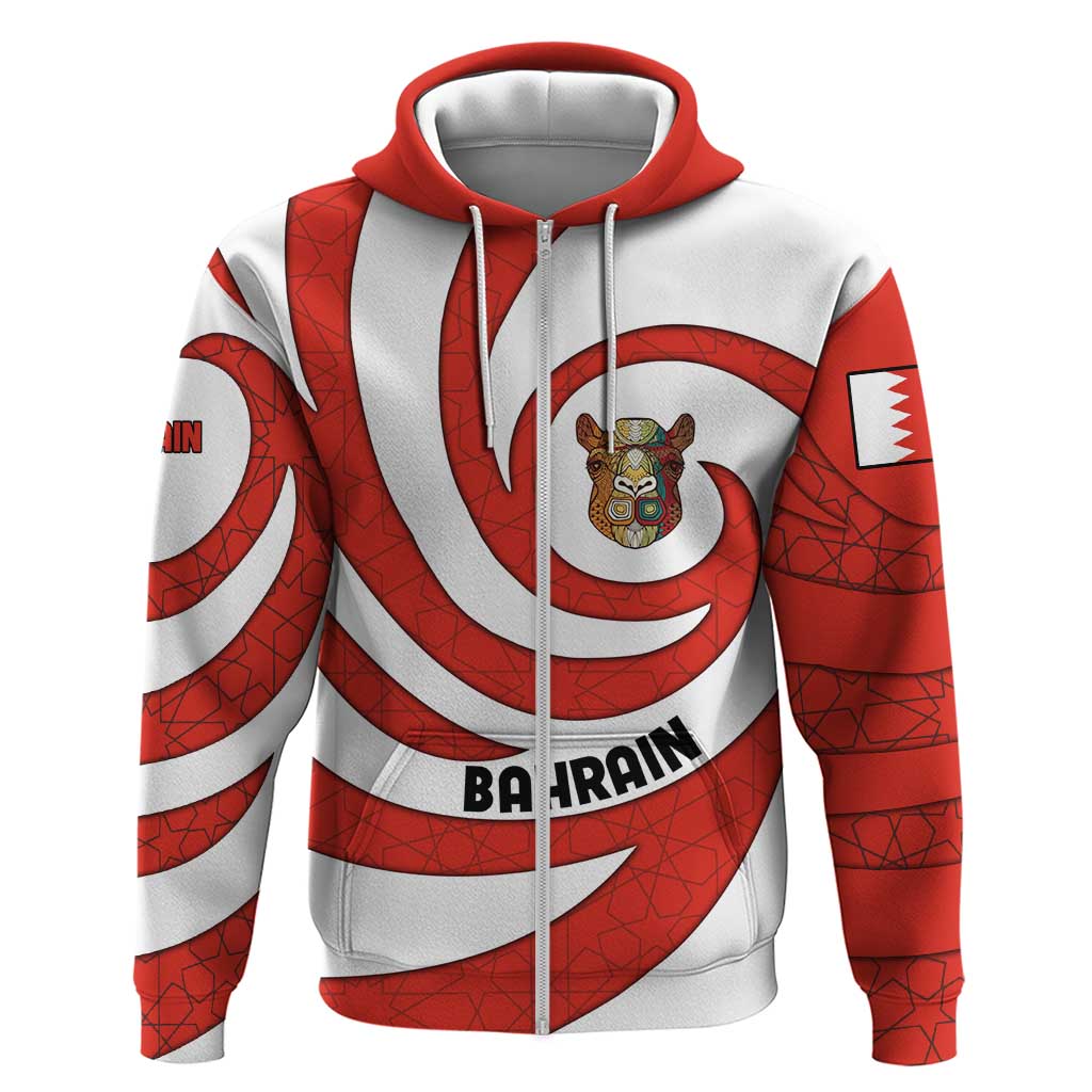 Bahrain Tribal Camel Zip Hoodie with Red Mosaic Swirl and Heritage Slogan