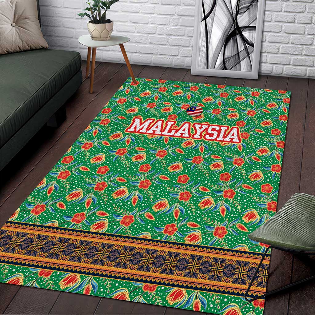 Traditional Malaysian Batik Floral Area Rug with Green Tulip and Red Blossom Pattern