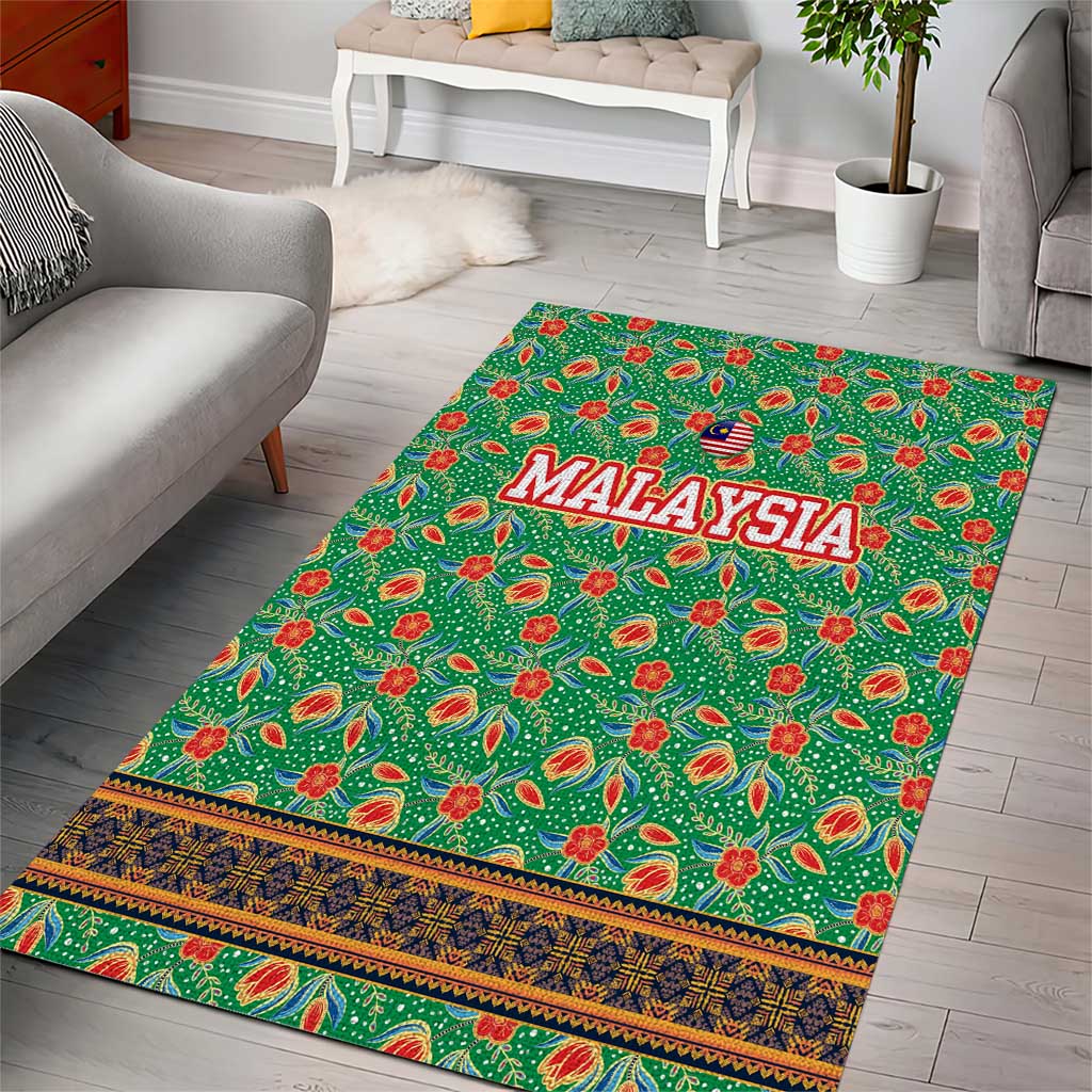 Traditional Malaysian Batik Floral Area Rug with Green Tulip and Red Blossom Pattern