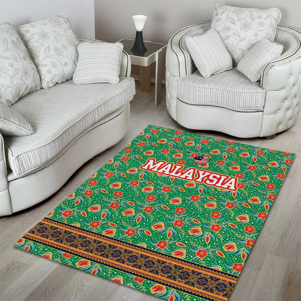Traditional Malaysian Batik Floral Area Rug with Green Tulip and Red Blossom Pattern