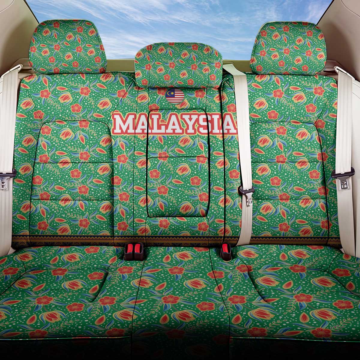 Traditional Malaysian Batik Floral Back Car Seat Cover with Green Tulip and Red Blossom Pattern