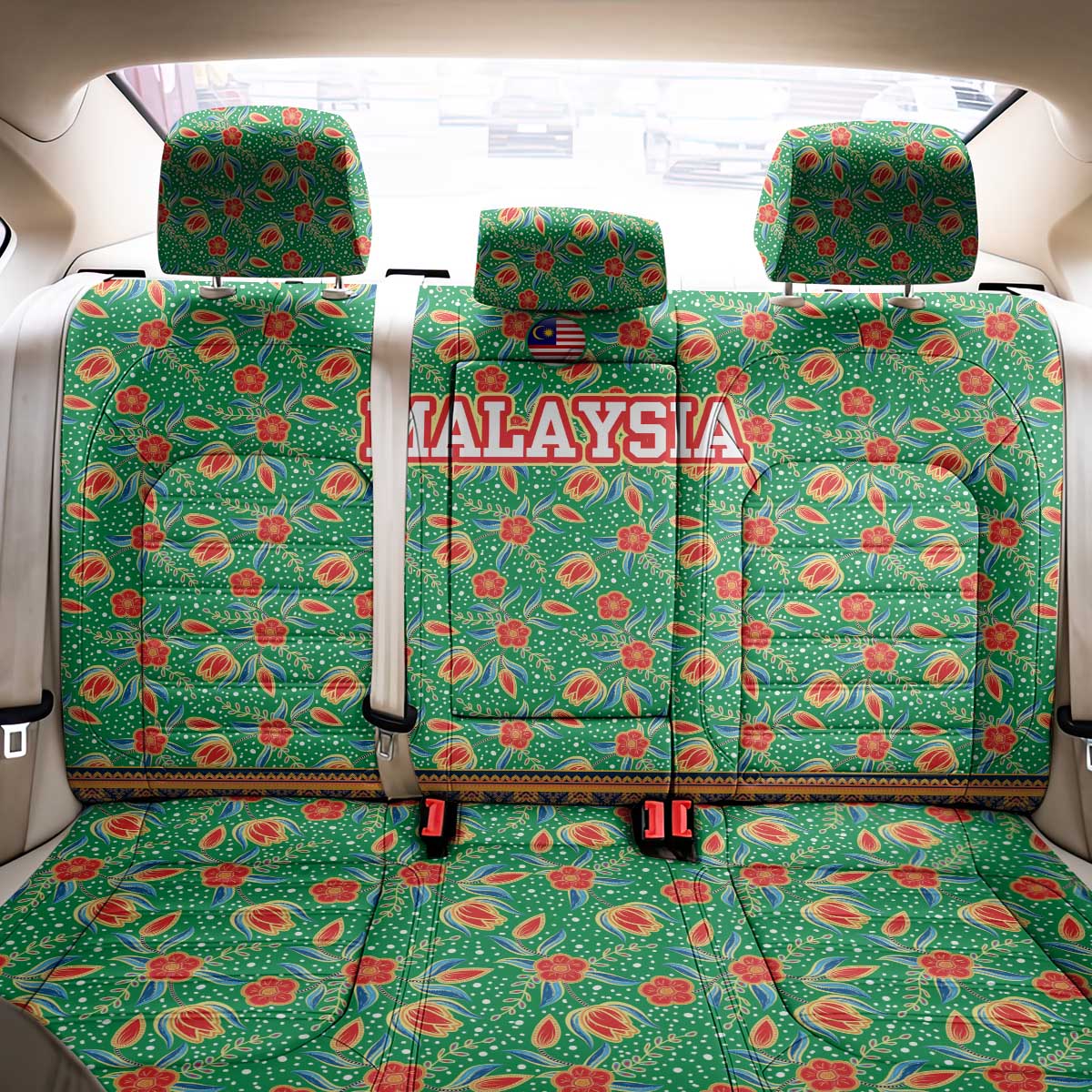Traditional Malaysian Batik Floral Back Car Seat Cover with Green Tulip and Red Blossom Pattern