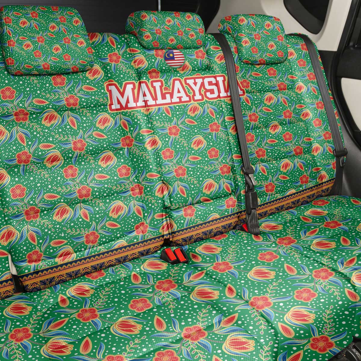 Traditional Malaysian Batik Floral Back Car Seat Cover with Green Tulip and Red Blossom Pattern
