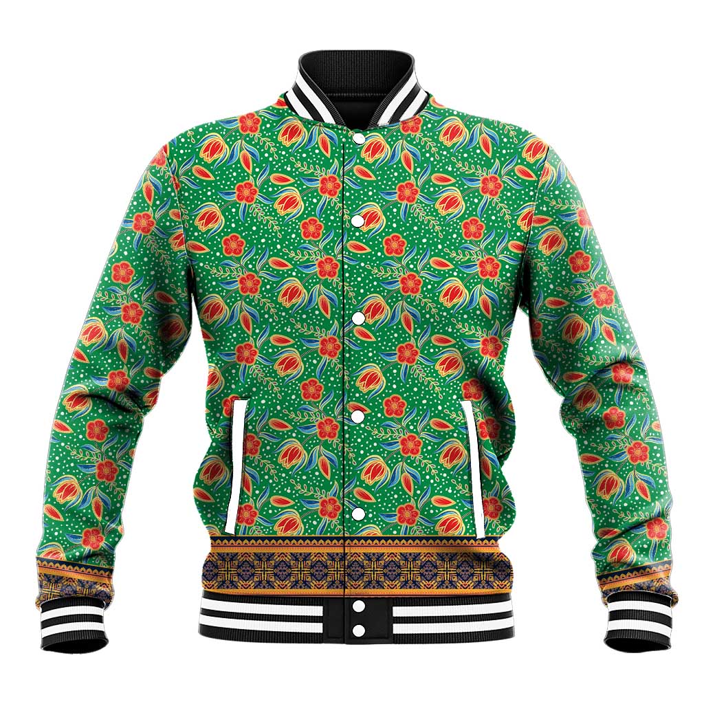 Traditional Malaysian Batik Floral Baseball Jacket with Green Tulip and Red Blossom Pattern