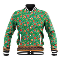 Traditional Malaysian Batik Floral Baseball Jacket with Green Tulip and Red Blossom Pattern
