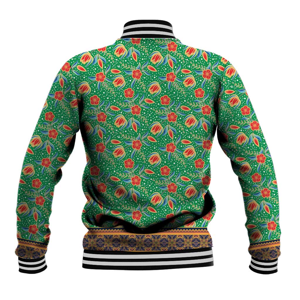 Traditional Malaysian Batik Floral Baseball Jacket with Green Tulip and Red Blossom Pattern