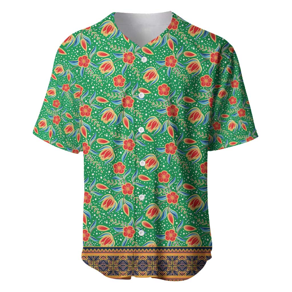Traditional Malaysian Batik Floral Baseball Jersey with Green Tulip and Red Blossom Pattern