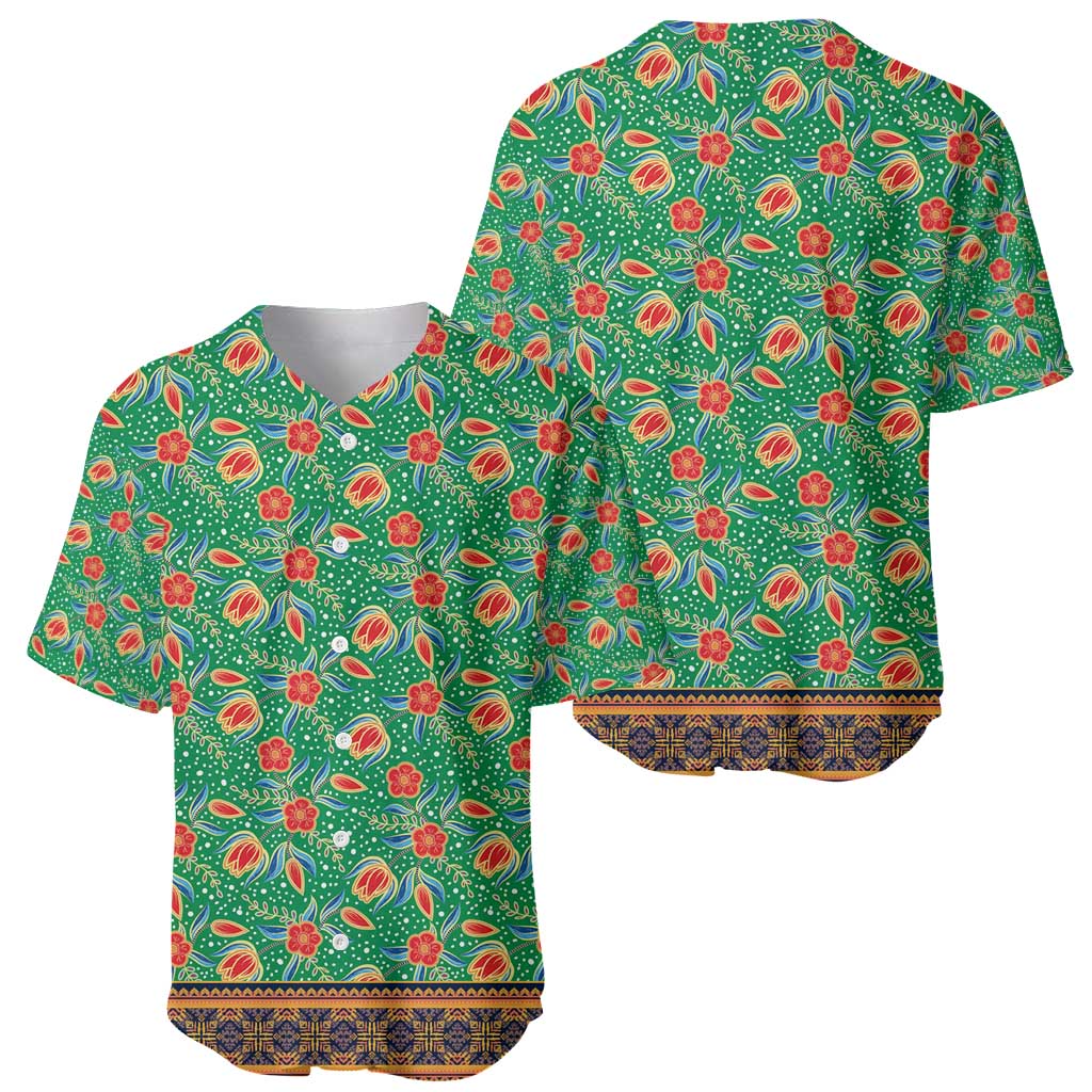 Traditional Malaysian Batik Floral Baseball Jersey with Green Tulip and Red Blossom Pattern