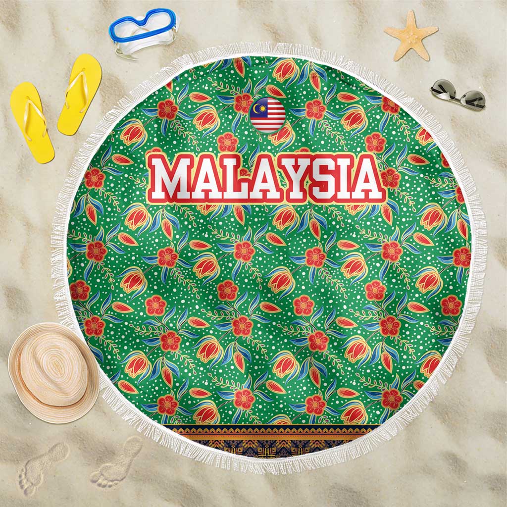 Traditional Malaysian Batik Floral Beach Blanket with Green Tulip and Red Blossom Pattern
