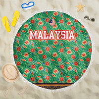 Traditional Malaysian Batik Floral Beach Blanket with Green Tulip and Red Blossom Pattern