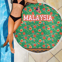 Traditional Malaysian Batik Floral Beach Blanket with Green Tulip and Red Blossom Pattern