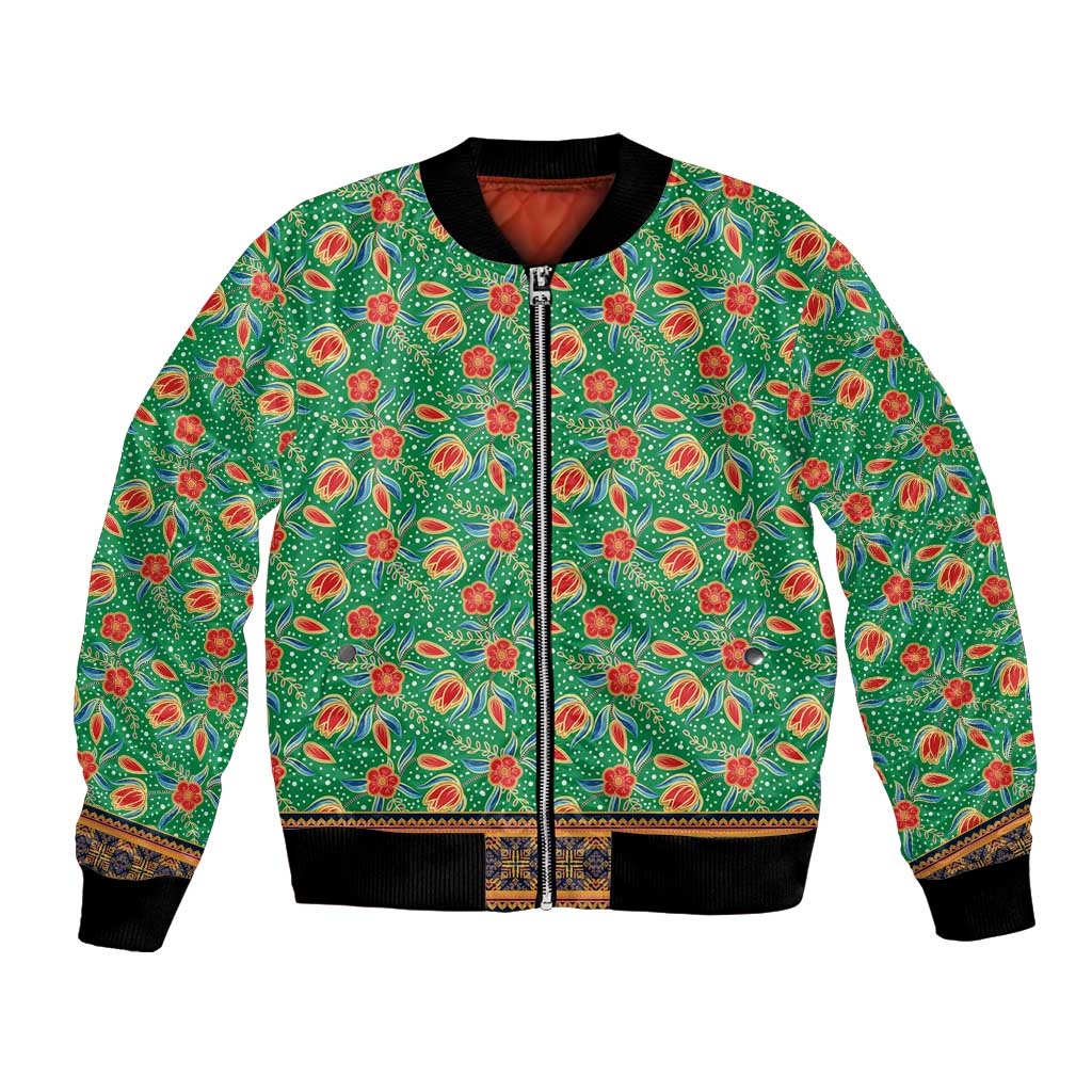 Traditional Malaysian Batik Floral Bomber Jacket with Green Tulip and Red Blossom Pattern