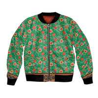 Traditional Malaysian Batik Floral Bomber Jacket with Green Tulip and Red Blossom Pattern