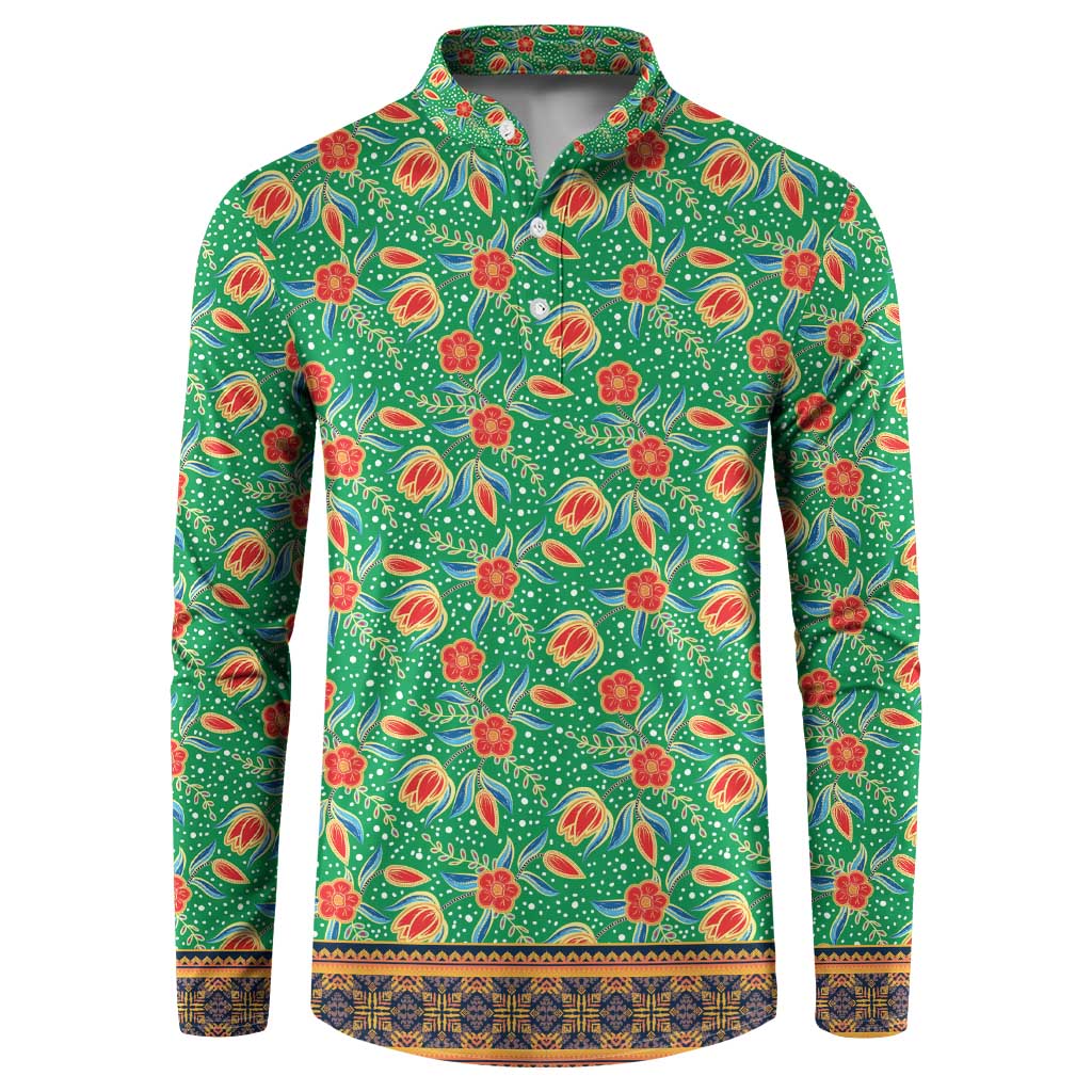 Traditional Malaysian Batik Floral Button Sweatshirt with Green Tulip and Red Blossom Pattern