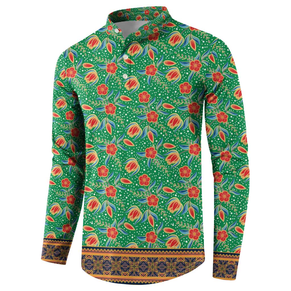 Traditional Malaysian Batik Floral Button Sweatshirt with Green Tulip and Red Blossom Pattern