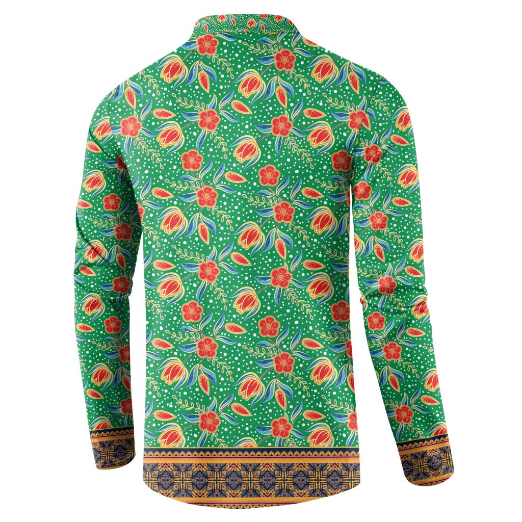 Traditional Malaysian Batik Floral Button Sweatshirt with Green Tulip and Red Blossom Pattern