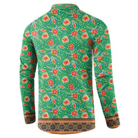 Traditional Malaysian Batik Floral Button Sweatshirt with Green Tulip and Red Blossom Pattern