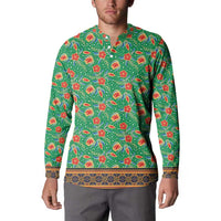 Traditional Malaysian Batik Floral Button Sweatshirt with Green Tulip and Red Blossom Pattern