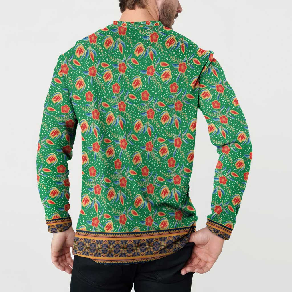 Traditional Malaysian Batik Floral Button Sweatshirt with Green Tulip and Red Blossom Pattern