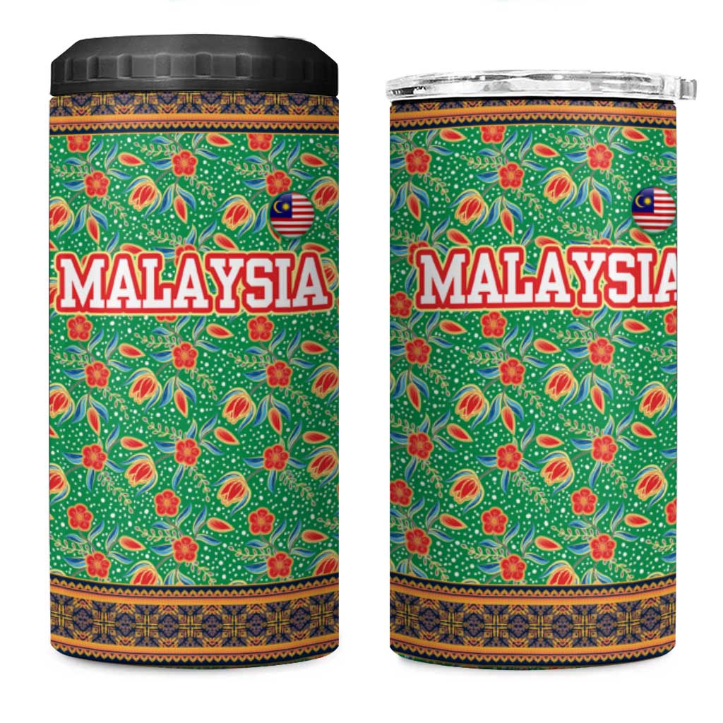 Traditional Malaysian Batik Floral 4 in 1 Can Cooler Tumbler with Green Tulip and Red Blossom Pattern