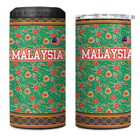 Traditional Malaysian Batik Floral 4 in 1 Can Cooler Tumbler with Green Tulip and Red Blossom Pattern