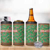 Traditional Malaysian Batik Floral 4 in 1 Can Cooler Tumbler with Green Tulip and Red Blossom Pattern