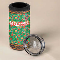Traditional Malaysian Batik Floral 4 in 1 Can Cooler Tumbler with Green Tulip and Red Blossom Pattern