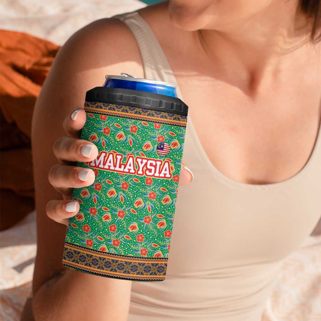 Traditional Malaysian Batik Floral 4 in 1 Can Cooler Tumbler with Green Tulip and Red Blossom Pattern