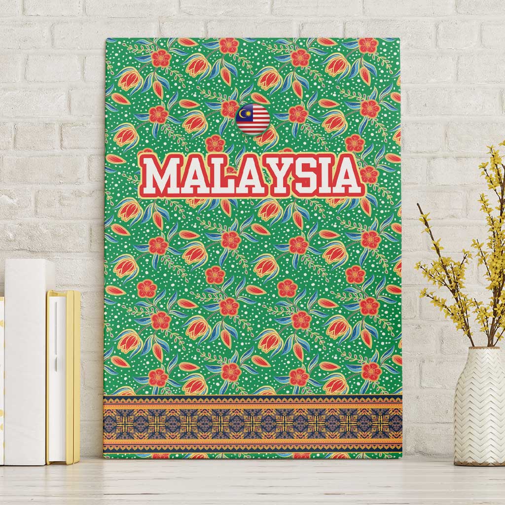 Traditional Malaysian Batik Floral Canvas Wall Art with Green Tulip and Red Blossom Pattern