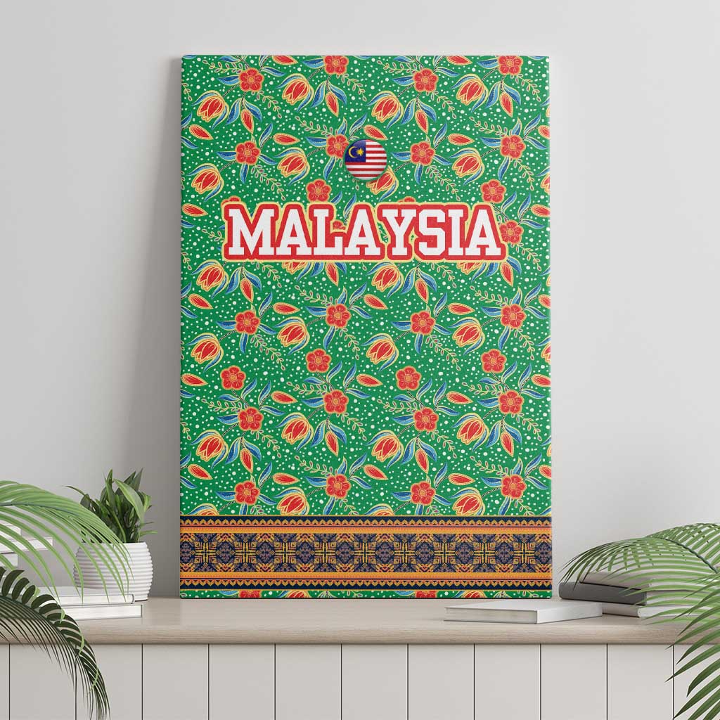 Traditional Malaysian Batik Floral Canvas Wall Art with Green Tulip and Red Blossom Pattern