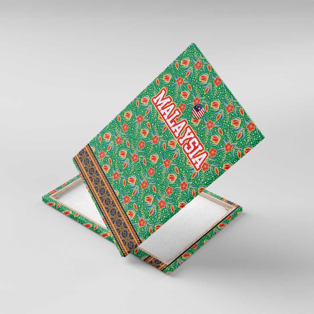 Traditional Malaysian Batik Floral Canvas Wall Art with Green Tulip and Red Blossom Pattern