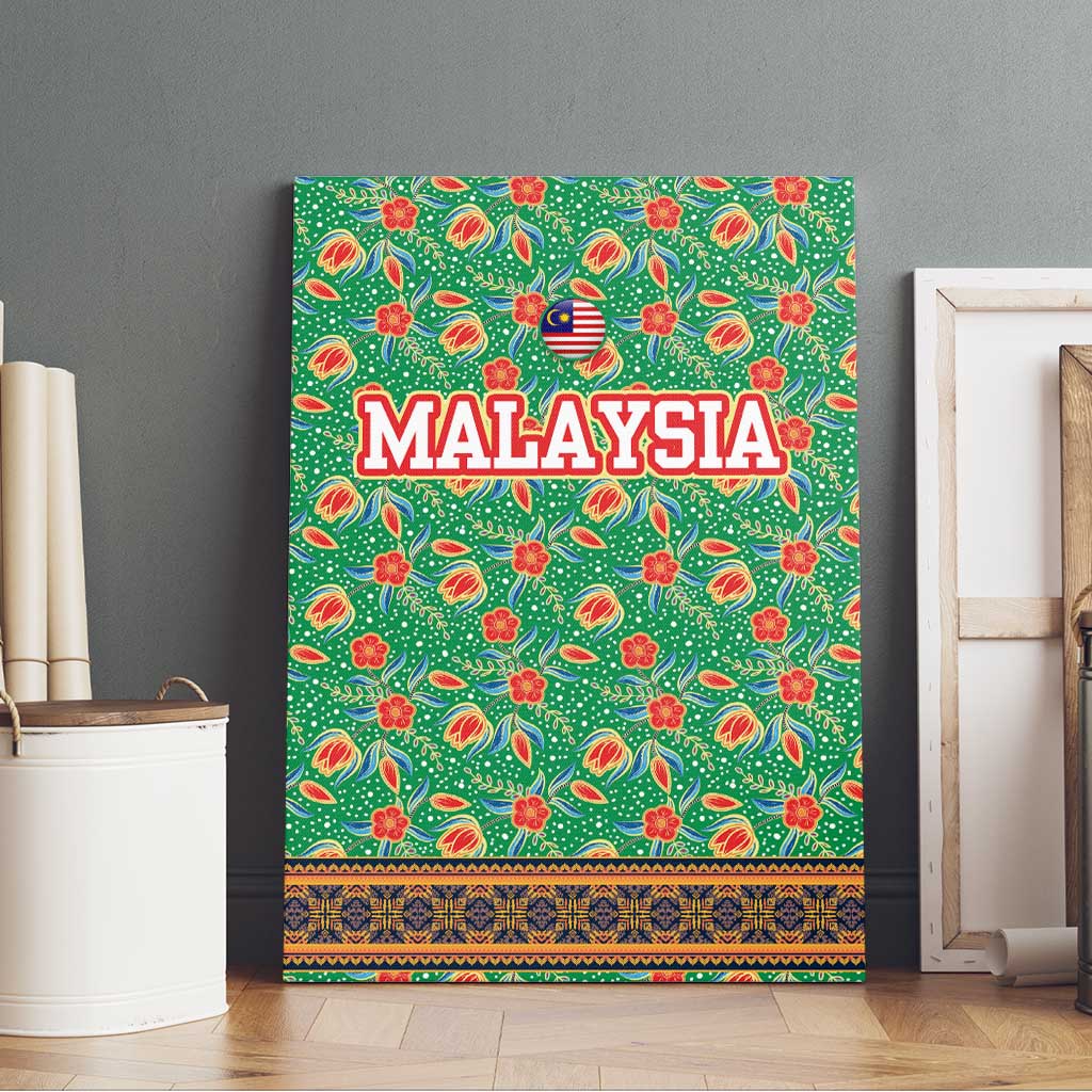 Traditional Malaysian Batik Floral Canvas Wall Art with Green Tulip and Red Blossom Pattern