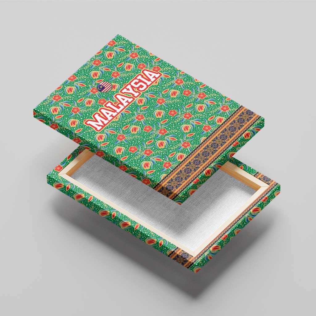 Traditional Malaysian Batik Floral Canvas Wall Art with Green Tulip and Red Blossom Pattern