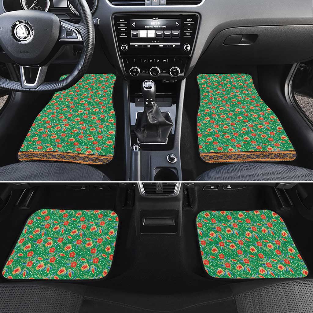 Traditional Malaysian Batik Floral Car Mats with Green Tulip and Red Blossom Pattern