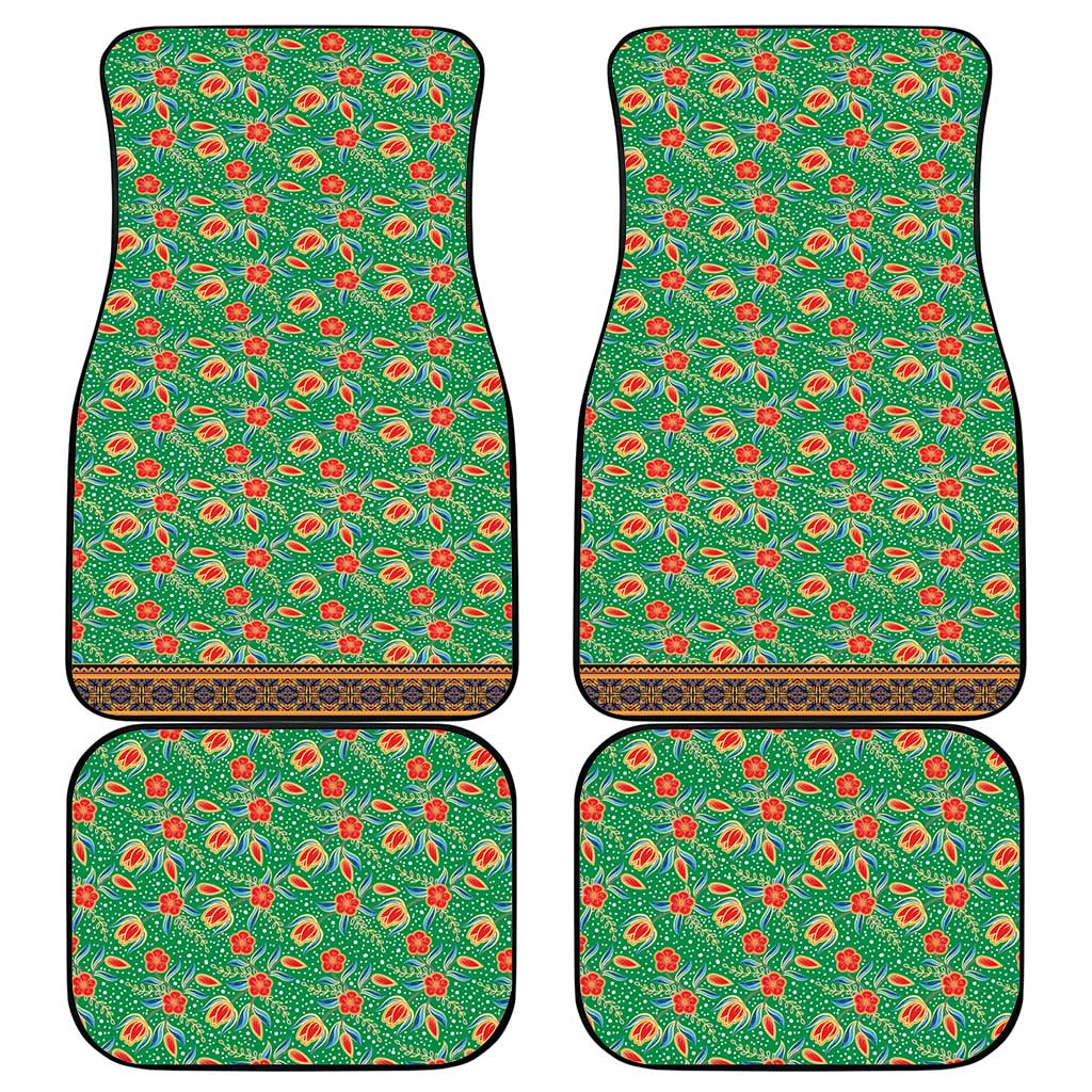 Traditional Malaysian Batik Floral Car Mats with Green Tulip and Red Blossom Pattern