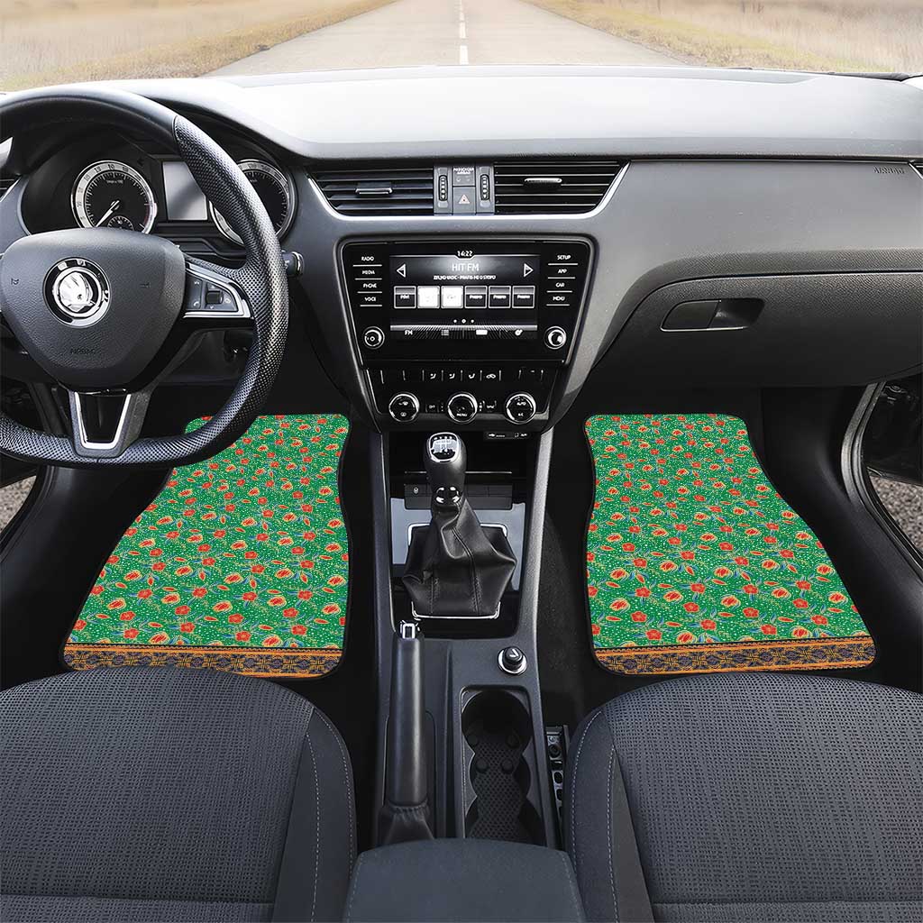 Traditional Malaysian Batik Floral Car Mats with Green Tulip and Red Blossom Pattern