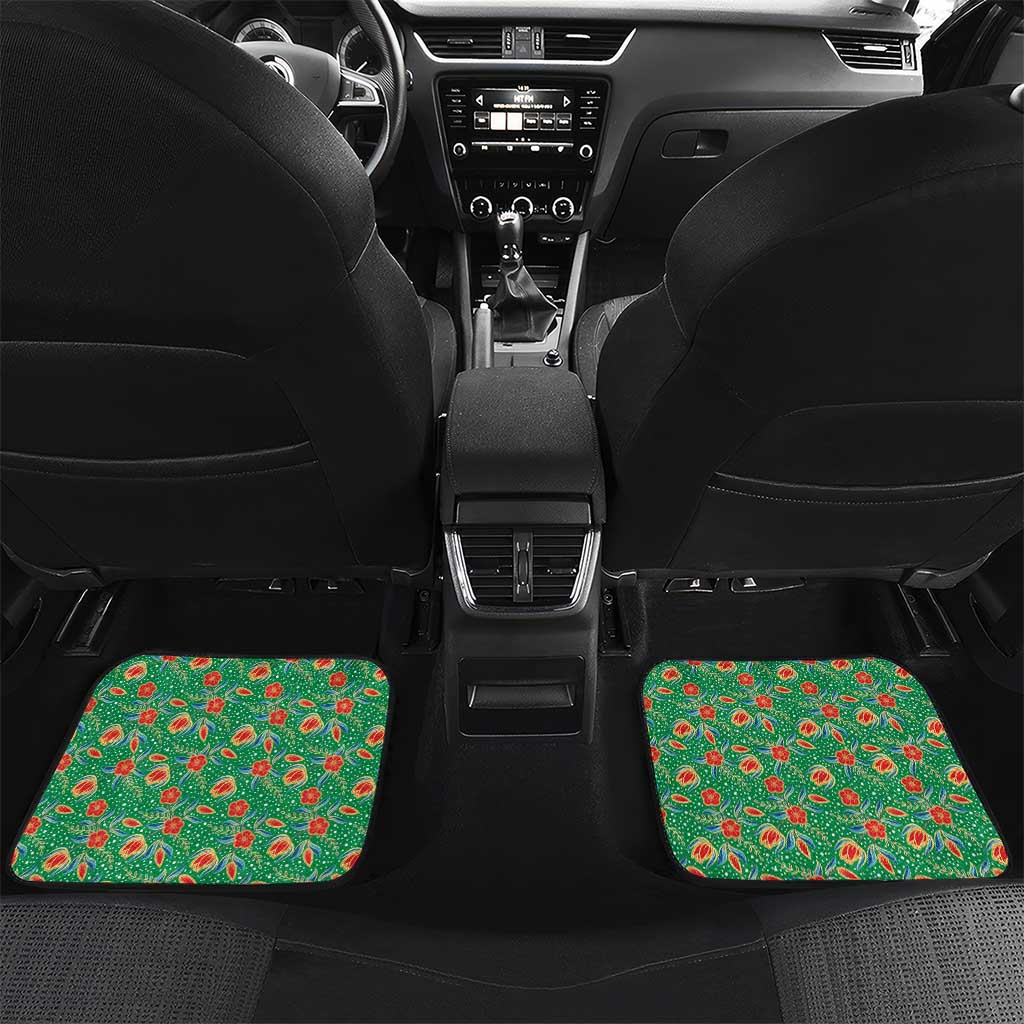 Traditional Malaysian Batik Floral Car Mats with Green Tulip and Red Blossom Pattern